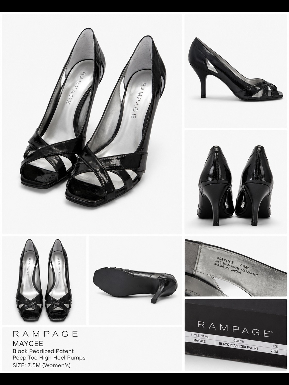Rampage Maycee Black Pearlized Patent Peep Toe High Heel Pumps 7.5 And 8.5